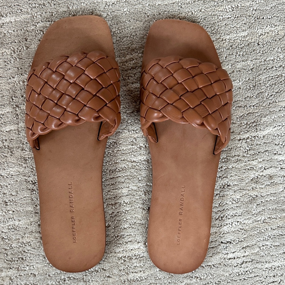 Loeffler Randall Braided Leather Slide Sandals in Cognac Brown